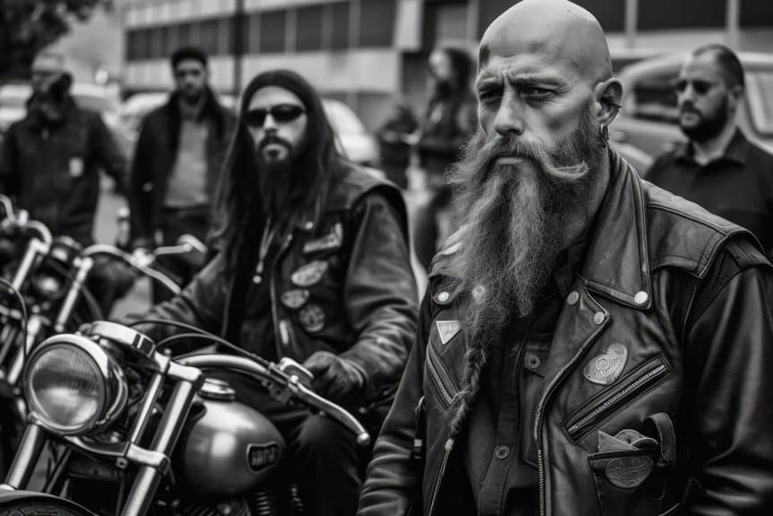 Black and White biker gang in the street facing the camera