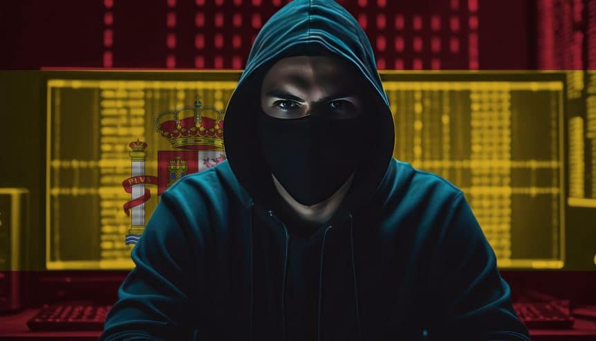 criminal with mask and hoodie in front of computer screens