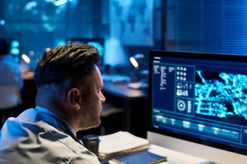 Officer looking at computer with crime stats